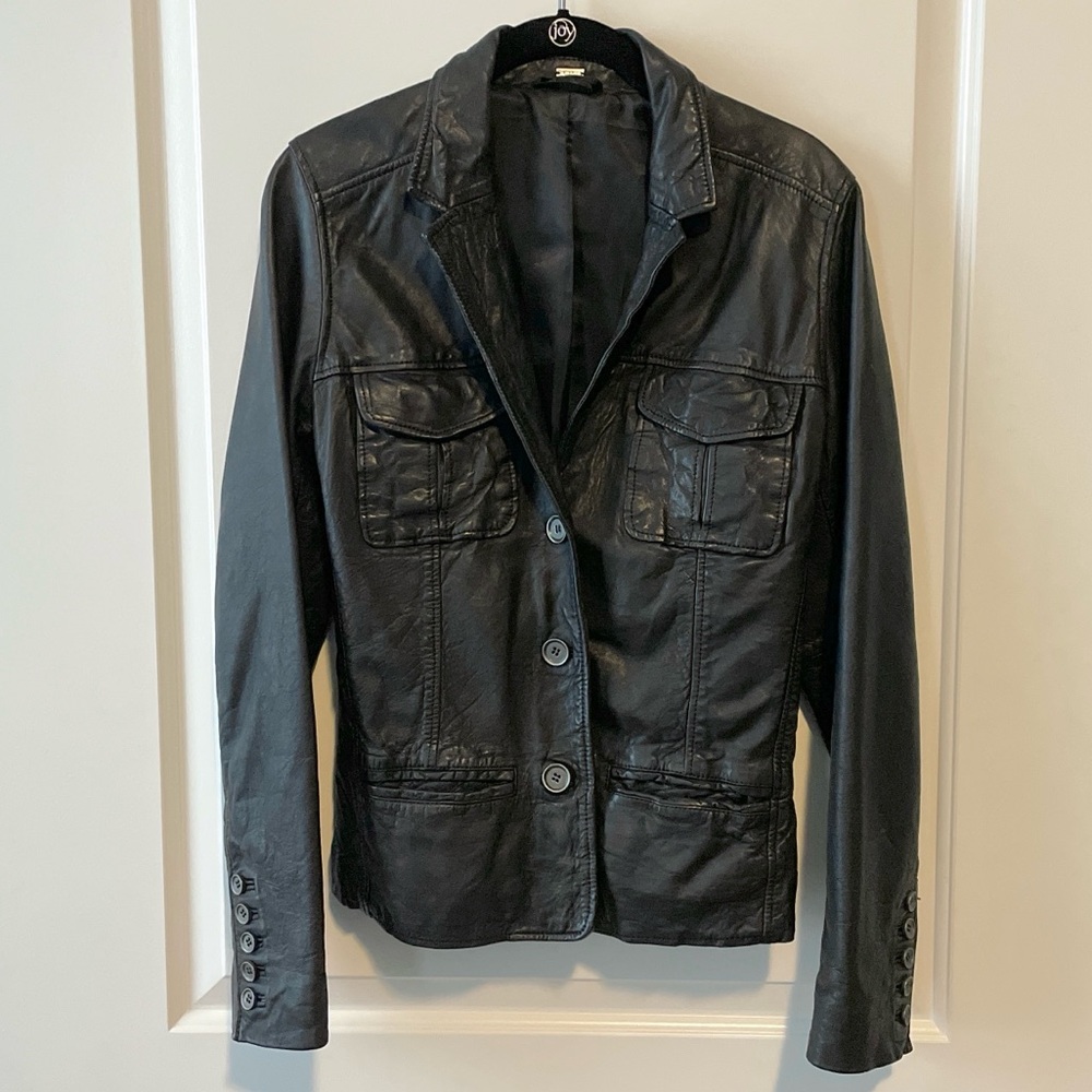 Black Leather Button Down Collared Women's Blazer Jacket by Gustav